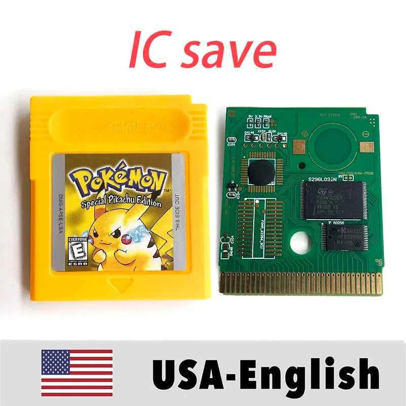 USA IC Save cart Pokemon Crystal, Red, Blue green,Yellow, Gold, Silver, Game Cartridge for GBC