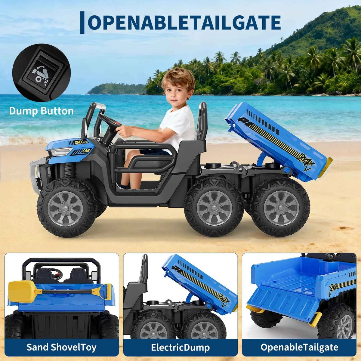 24V Kids Electric Ride Dump Truck, a 2 Seater 4WD with 6 Wheels. Parent Remote Control with 3 speeds. With Dump Bed, Bluetooth for Music, LED Lights, 2 Speeds