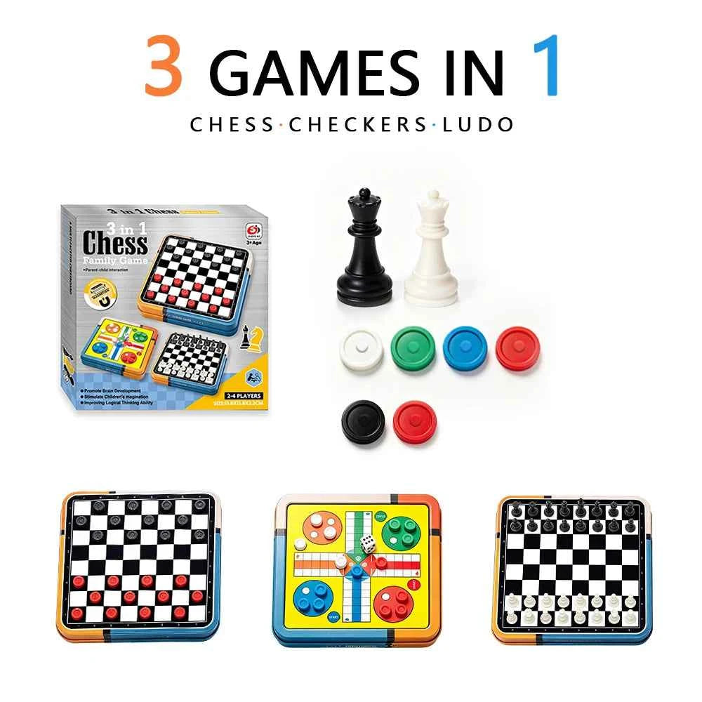 Portable 3‑in‑1 Chess, Checkers, & Ludo Board Game Set. Folding Storage Travel Family Puzzle Game, 2‑4 Players. Educational.