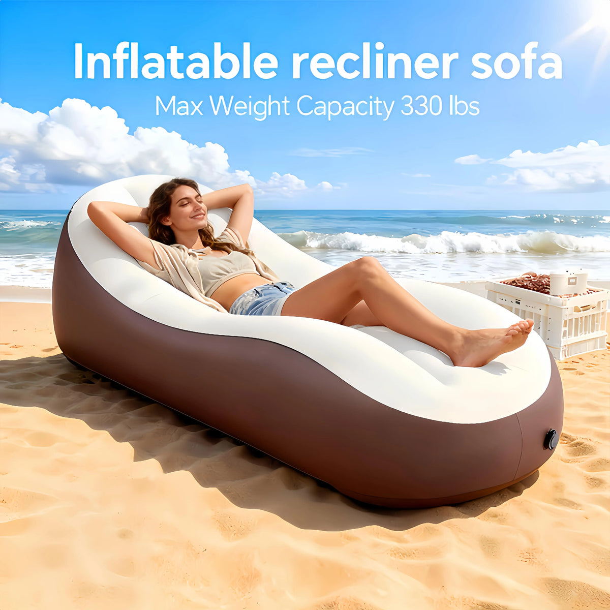 Single Inflatable Sofa Chair.  Flocked Air Chaise Lounge, Ergonomic Blow Up Recliner with Backrest. Portable Foldable Lazy Couch for Home, Outdoor, Camping, Travel