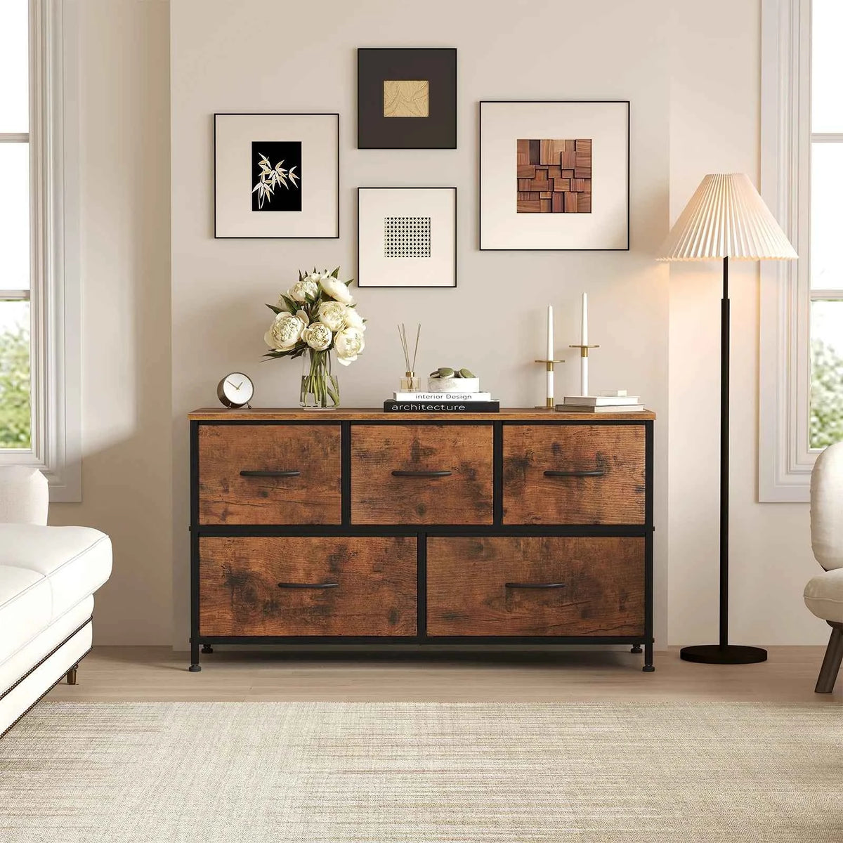 MCQ 5 Drawer Furniture. Wide Fabric Storage Tower with Wooden Top and Metal Frame