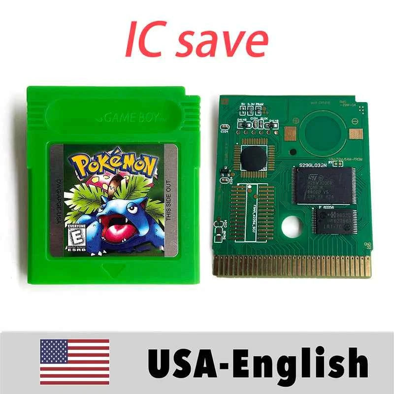 USA IC Save cart Pokemon Crystal, Red, Blue green,Yellow, Gold, Silver, Game Cartridge for GBC
