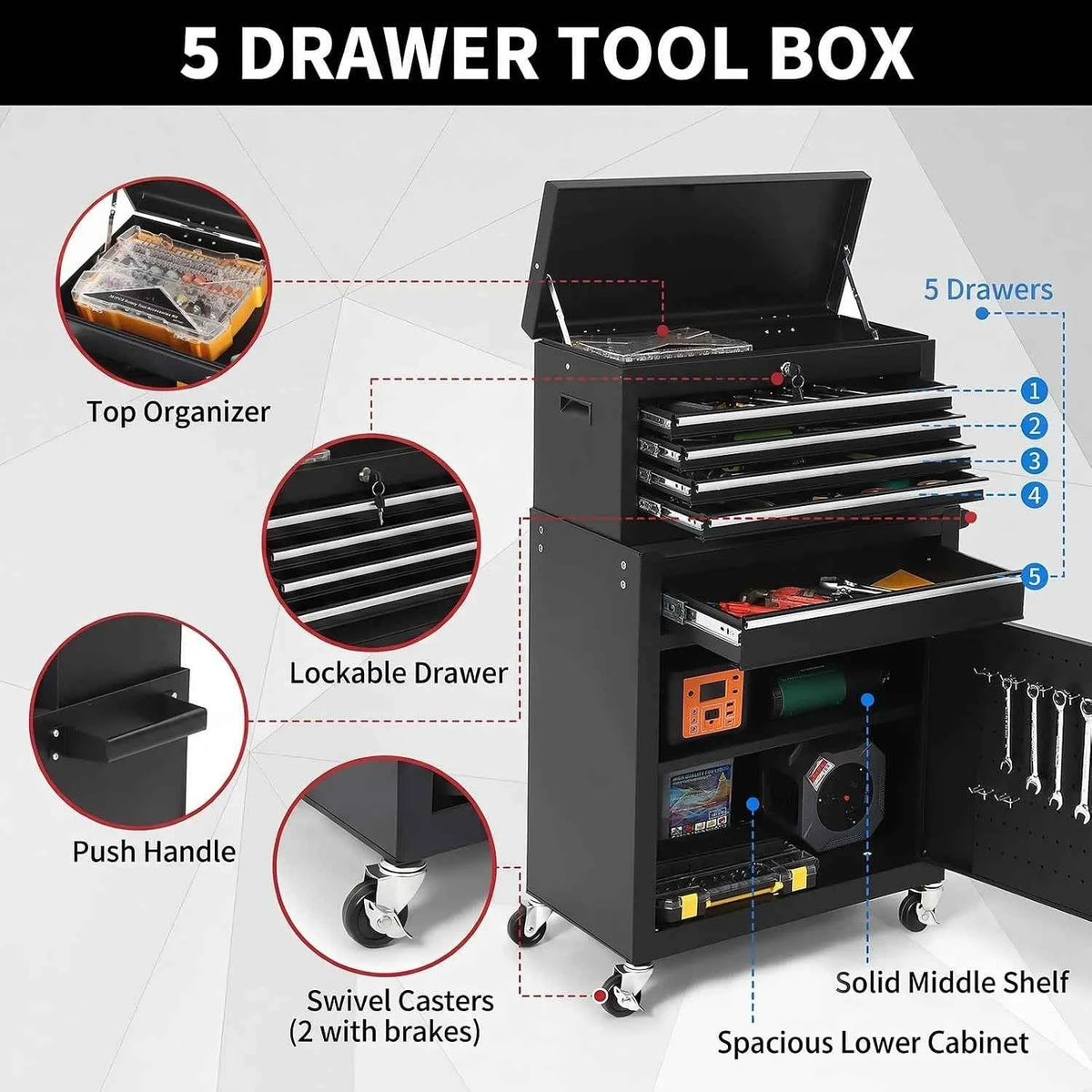 5 Drawer Rolling Tool Cabinet with Lockable Detachable Tool Box, Steel Tool Storage Organizer with Swivel Wheels,