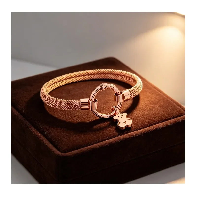 Rose Gold Plated Mesh Bracelet With Cute Bear Charm For Women Minimalist Daily