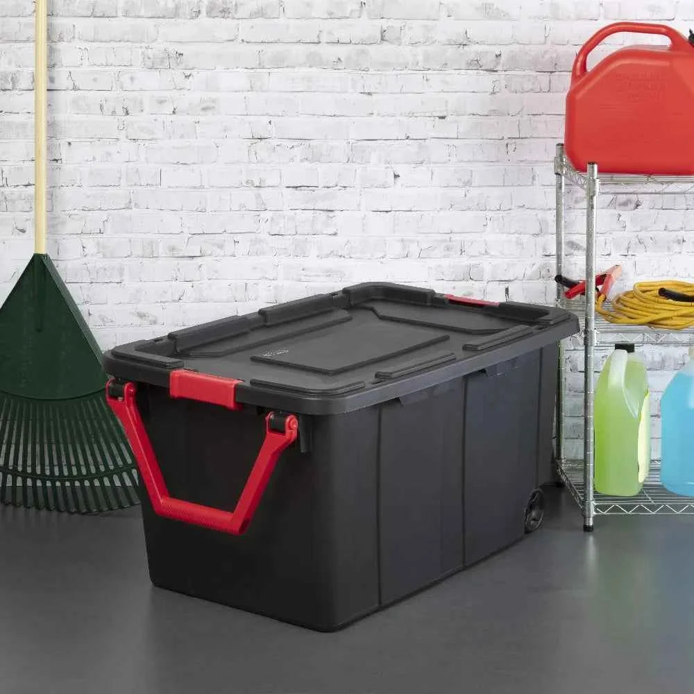 Sterilite Extra Large Storage Bin, 40 Gallon Wheeled Plastic Storage Container with Handle, Black, Pack of 2, Industrial