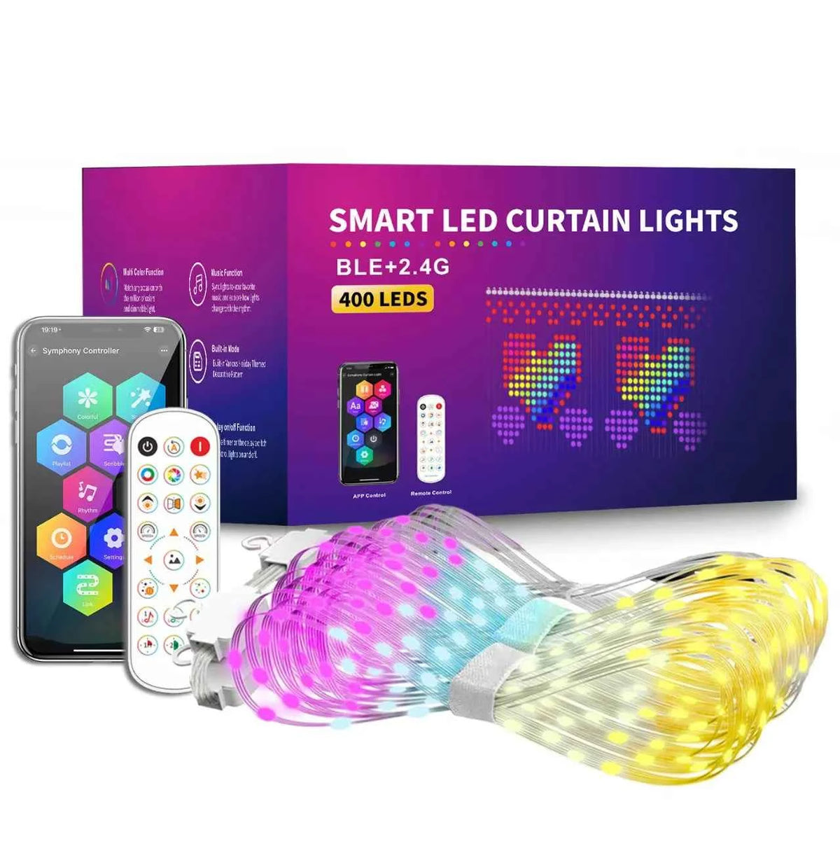 RGB Smart LED Curtain Fairy Lights, APP DIY Programmable Music Sync Dynamic Lighting, Indoor & Outdoor Background Decor for Christmas & Party
