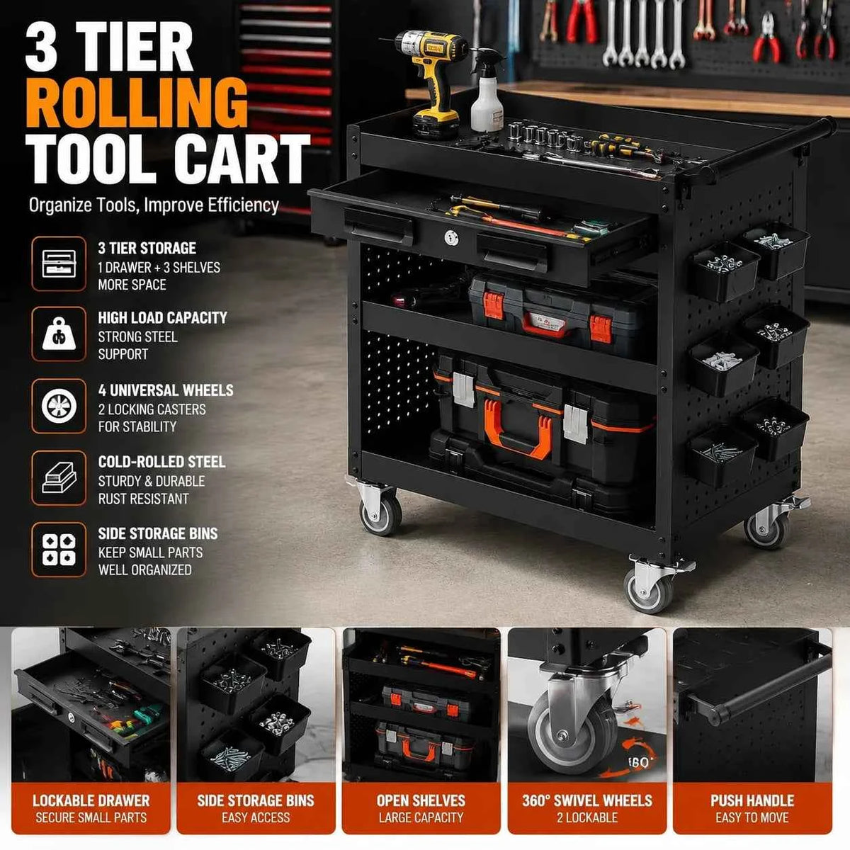 27 Inch Rolling Tool Cart, 3 Tier Steel Utility Cabinet with Drawer, Mobile Storage Organizer with Locking Casters for Garage Workshop Office, Black