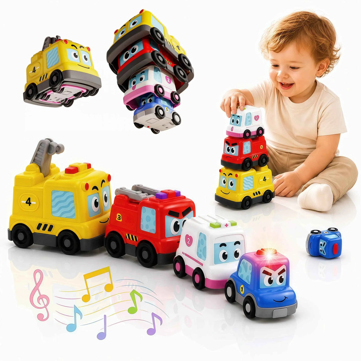 4 in 1 Montessori Toy Cars Set - Stacking Nesting Magnetic. Following Toddler Toys 1-2, Sensory Toys with Lights, Music & Cars Toys, STEM Educational Toy, Baby Toys, Christmas, & Birthday Gifts for Boys & Girls