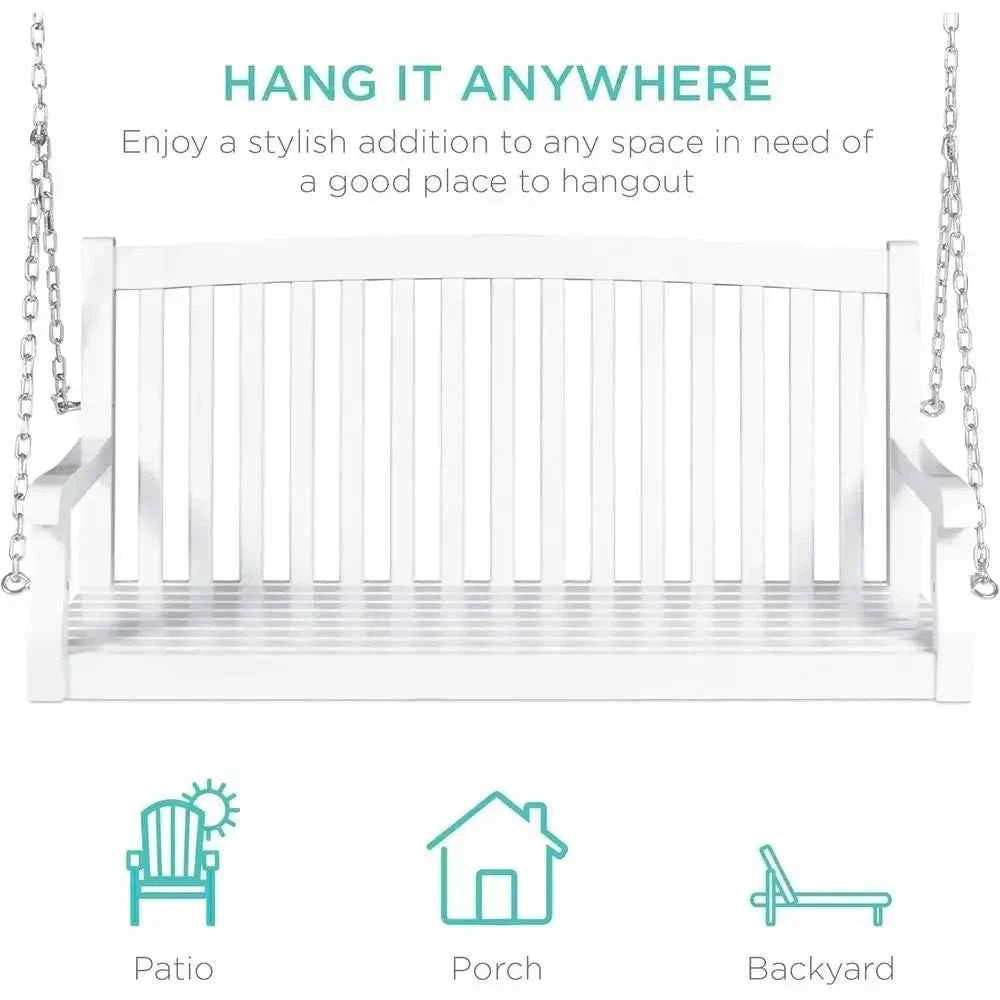 White Outdoor Porch Swing with Curved Back, Hanging Patio Bench Chair for Garden or Deck, 500lb Capacity, Includes Mounting Chai