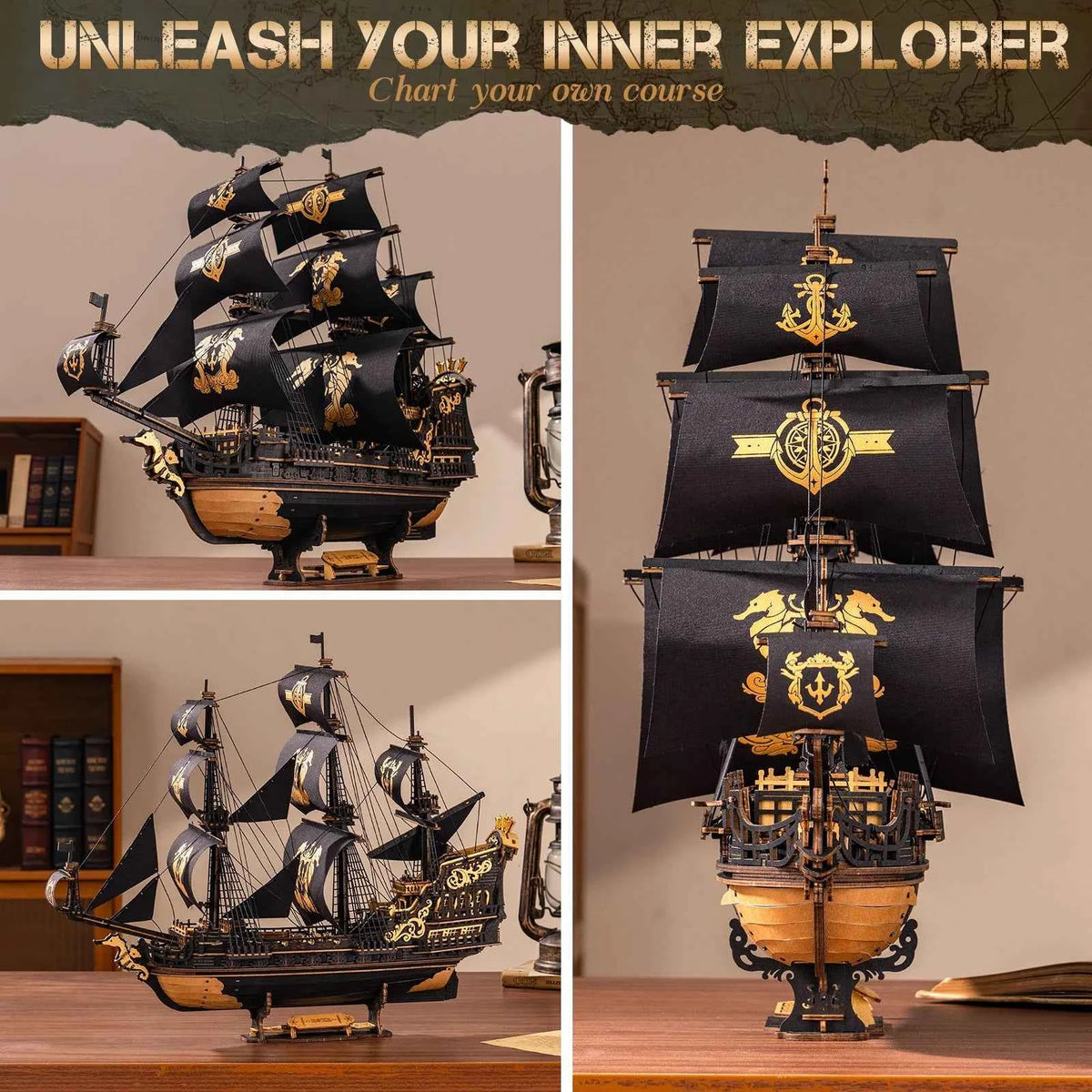 ROKR Seahorse Barque Wooden 3D Puzzle. 1:100 Scale DIY Sailboat Model Building Kit. 603 Pieces Brain Teasers Jigsaw Toy for Adults,  Boys