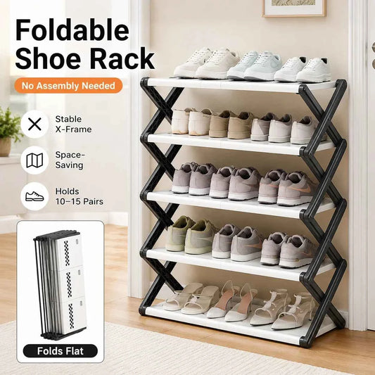 Foldable Shoe Rack, Space-Saving Entryway Shoe Organizer with Stable X-Frame, PP Shelves & Steel Tubes, No Assembly Needed
