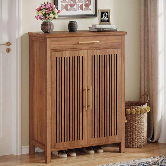 5-Tier Freestanding Shoe Cabinet.  Wooden Shoe Storage Organizer with Louvered Doors And Drawer. Customizable