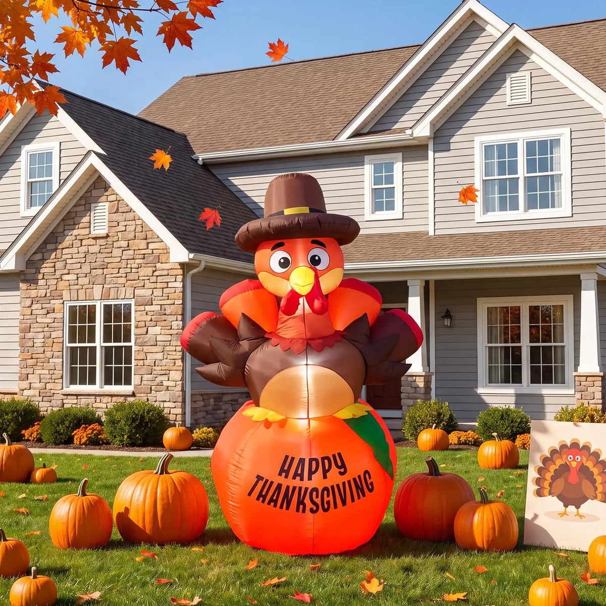 6ft Inflatable Thanksgiving Pumpkin and Turkey, With 7 Led Lights, Blower, Stakes & Ropes For Lawn, Porch, Garden.