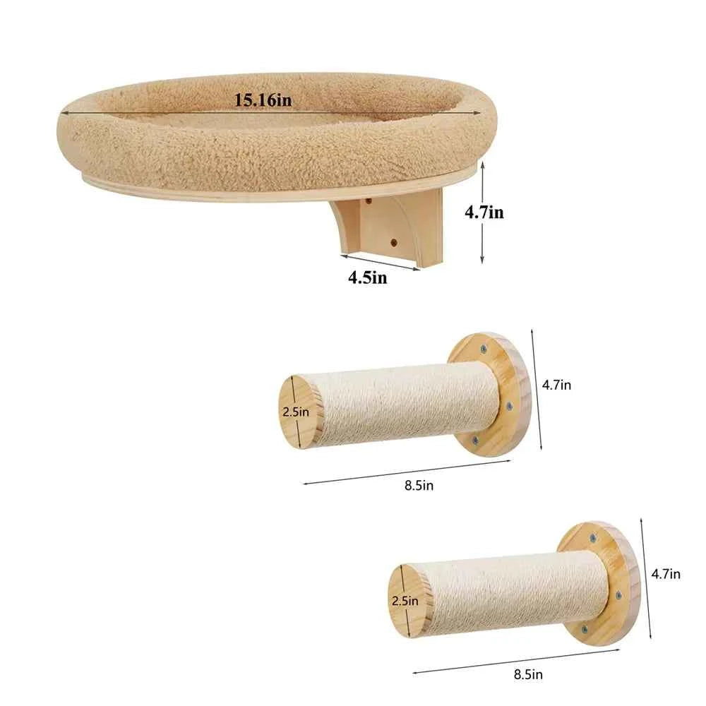 Cat Wall Mounted Solid Wooden Furniture & Climbing Ladder and Cat Hammock with Scratching Post for Activity Indoor Cats Perches
