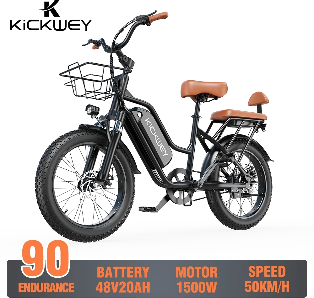 KICKWEY LD20 Electric Bicycle, 1500W, 48V, 20AH, 250W Electric Road Bike. Double Seat for Adults And Kids. 20x3.0 Fat Tire,  E-Bike for Adults