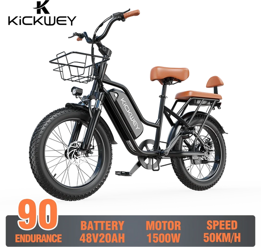 KICKWEY LD20 Electric Bicycle, 1500W, 48V, 20AH, 250W Electric Road Bike. Double Seat for Adults And Kids. 20x3.0 Fat Tire,  E-Bike for Adults