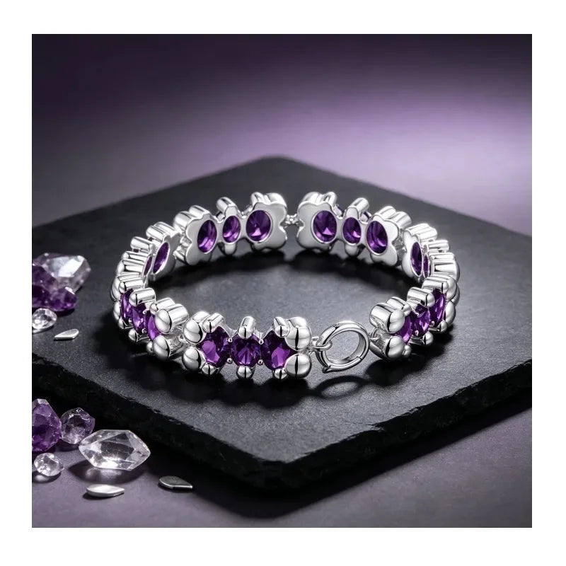 Women Silver Plated Flower Link Bracelet with Purple Crystal Fashion Jewelry