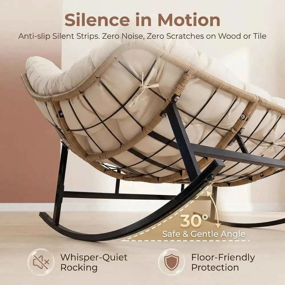 Oversized Double Rocking Papasan Chair with Thick Cushion, 2 Person Big Wicker Outdoor Comy Recliner, Extra Large Heavy Duty Egg
