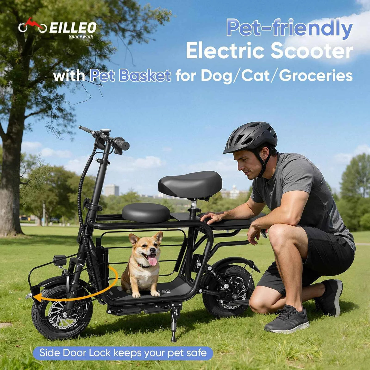 Eilleo Spacewalk 48V Electric Scooter for Adults with Large Pet Basket. 750W Motor, 18.75MPH, Foldable Commuter E-Scooter with Seat