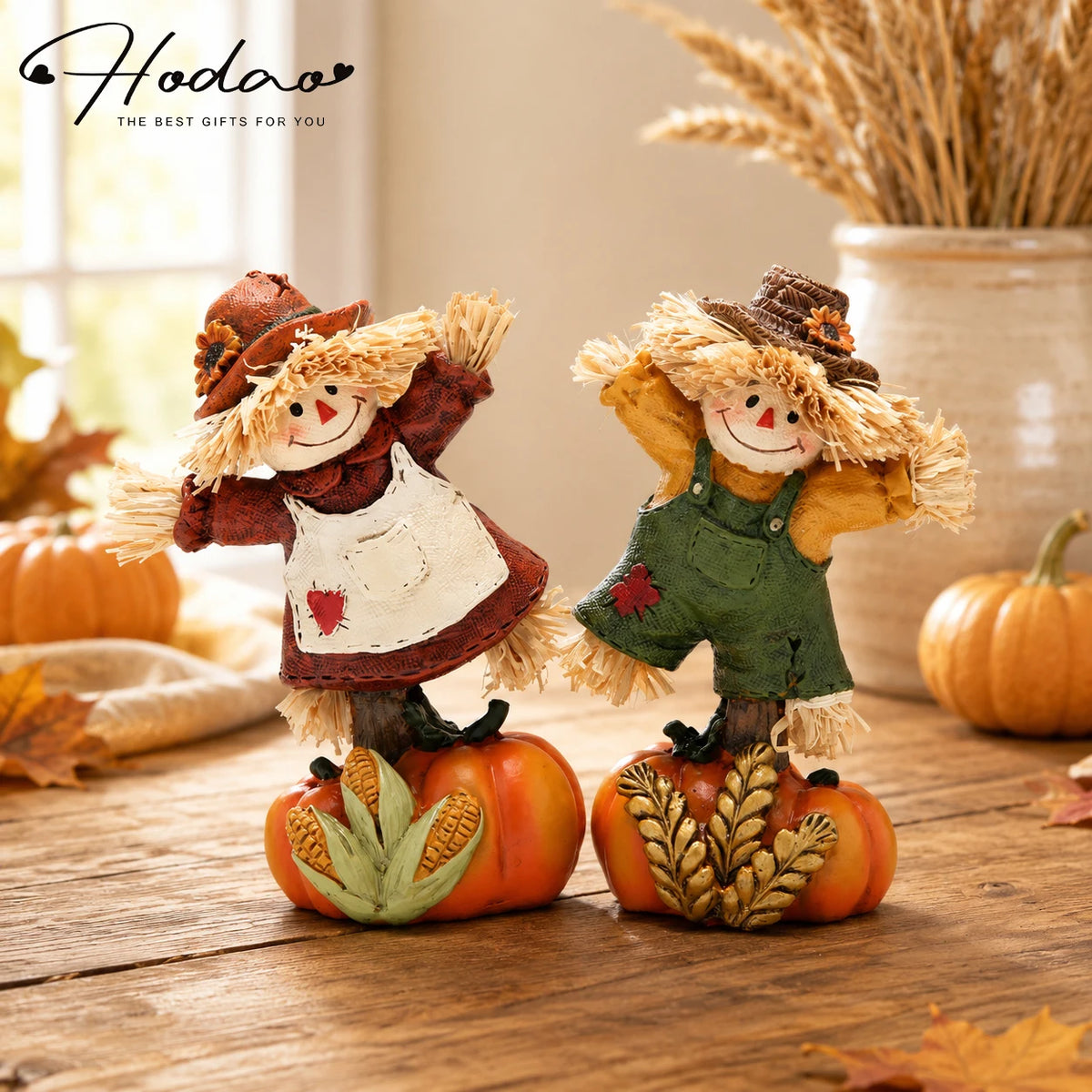 Hodao Set of 2 Fall Harvest Scarecrow Figurines, Resin Thanksgiving Pumpkin Decor, Hand-Painted Dancing Farmer Couple Statue with Cute Sunflower Accents, Seasonal Holiday Gift for Indoor, Patio, and Yard Home Display