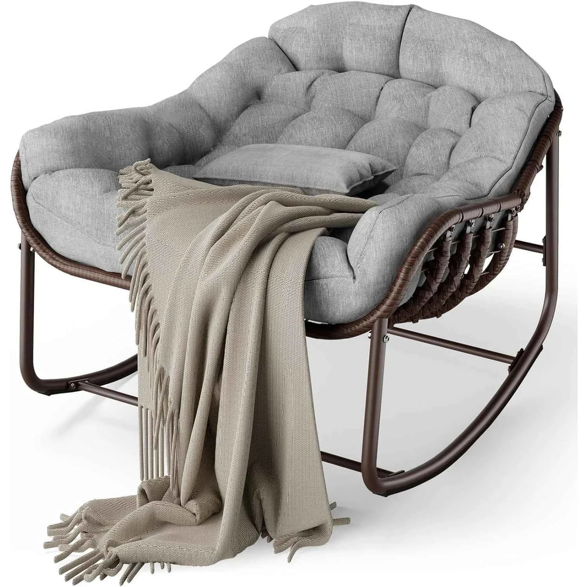 Oversized Papasan Egg Rocking Chair. Heavy-Duty Frame 300 Lb. Wicker Lounge Patio Rocker with UV-Resistant Cushion Indoor/Outdoor for Porch & Garden