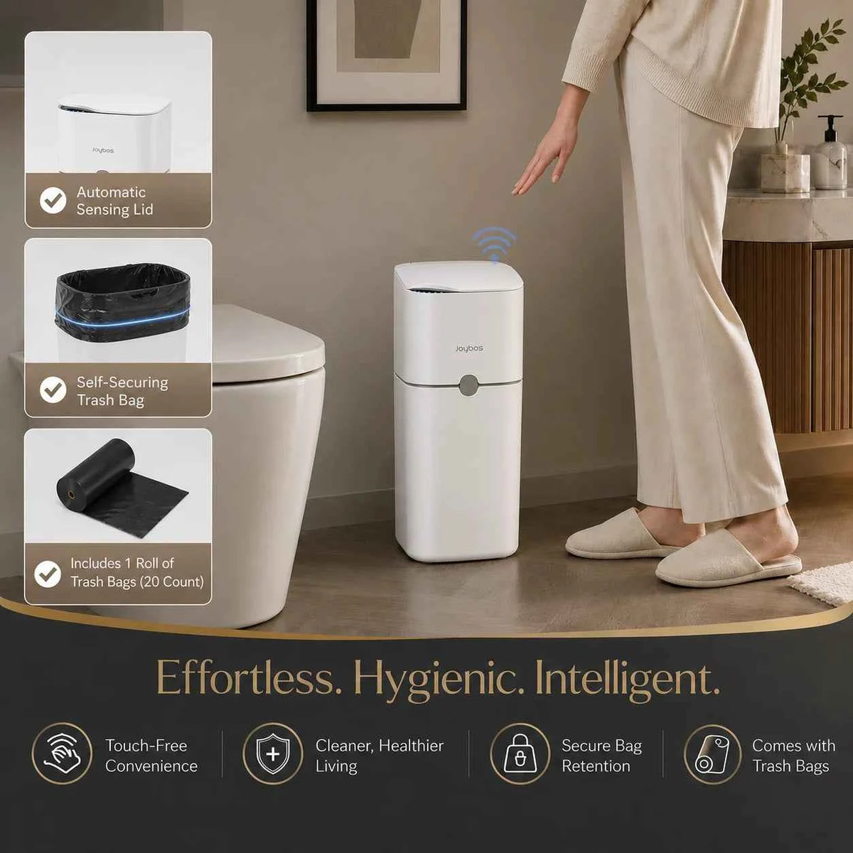 JOYBOS Touchless Trash Can with Motion Sensor & Auto Bag-Suction System, Hands-Free Operation Suitable for Small Spaces, Compact Waste Bin with Press-to-Open Lid, ABS/Polypropylene Garbage Pail, RV, Narrow Corners, RV Essenti