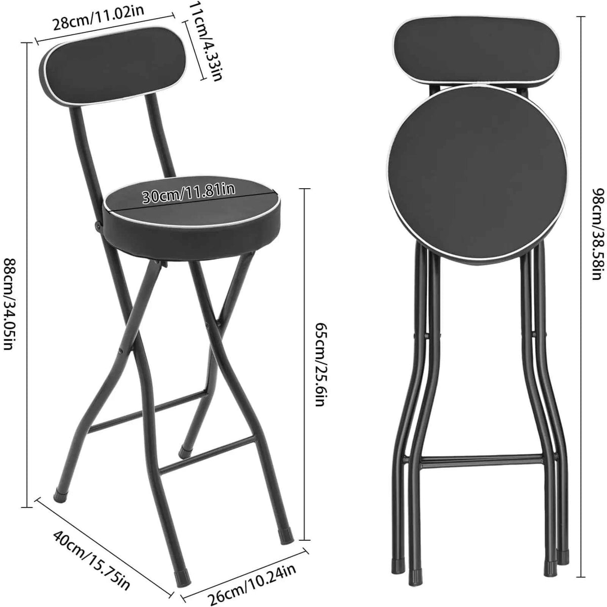 2Pcs Counter Height Folding Bar Stools Chair W/Back, 27.56in Seat Height,  Black