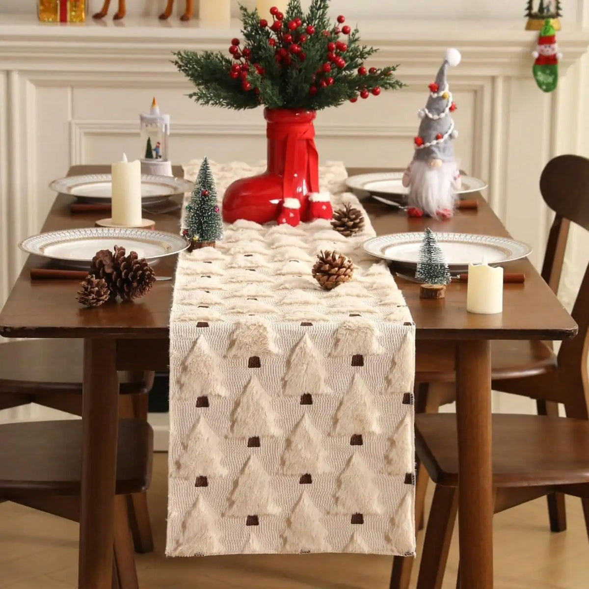 1pc Christmas Table Runner, 13x72/13x36 Inches, Soft Plush, Faux Fur Jacquard Red Christmas Tree Table Runner,