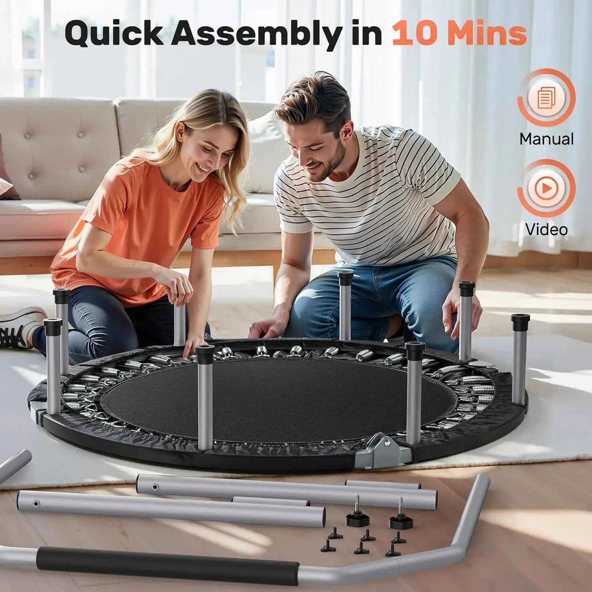 40/48“ Foldable Mini Trampoline with Adjustable Foam Handle. Fitness Rebounder for Adults Max Load 440 Lbs