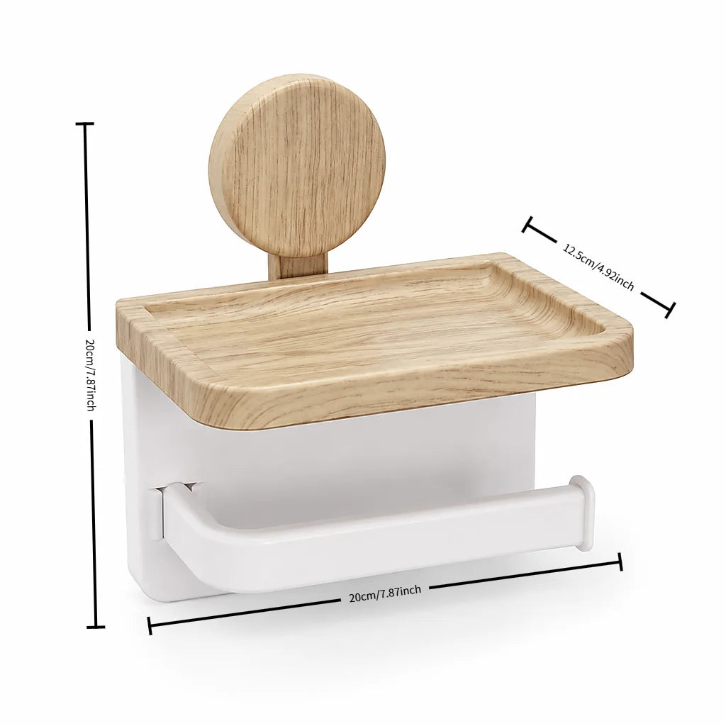 No Drill Wall Suction Cup Toilet Paper Holder Wood‑Look Tray Bathroom Tissue Holder with Phone Shelf