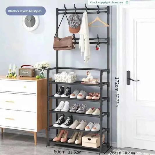 5-Tier 3-in-1 Multifunctional Metal Rack. Floor-Standing Garment Organizer. Sturdy Vertical Storage Shelf