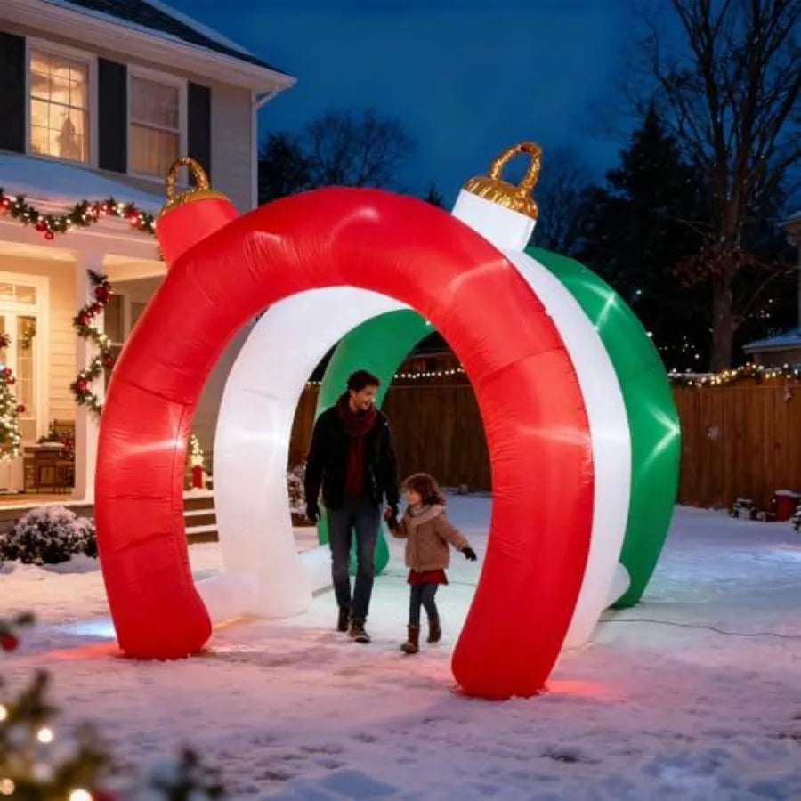 10.5 FT Christmas Ornament Tunnel Arch that is Inflatable and for Outdoors, Blow Up Walk-Through Archway Yard Decoration
