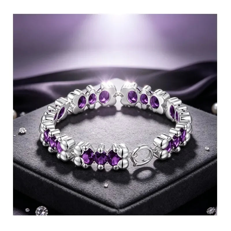 Women Silver Plated Flower Link Bracelet with Purple Crystal Fashion Jewelry