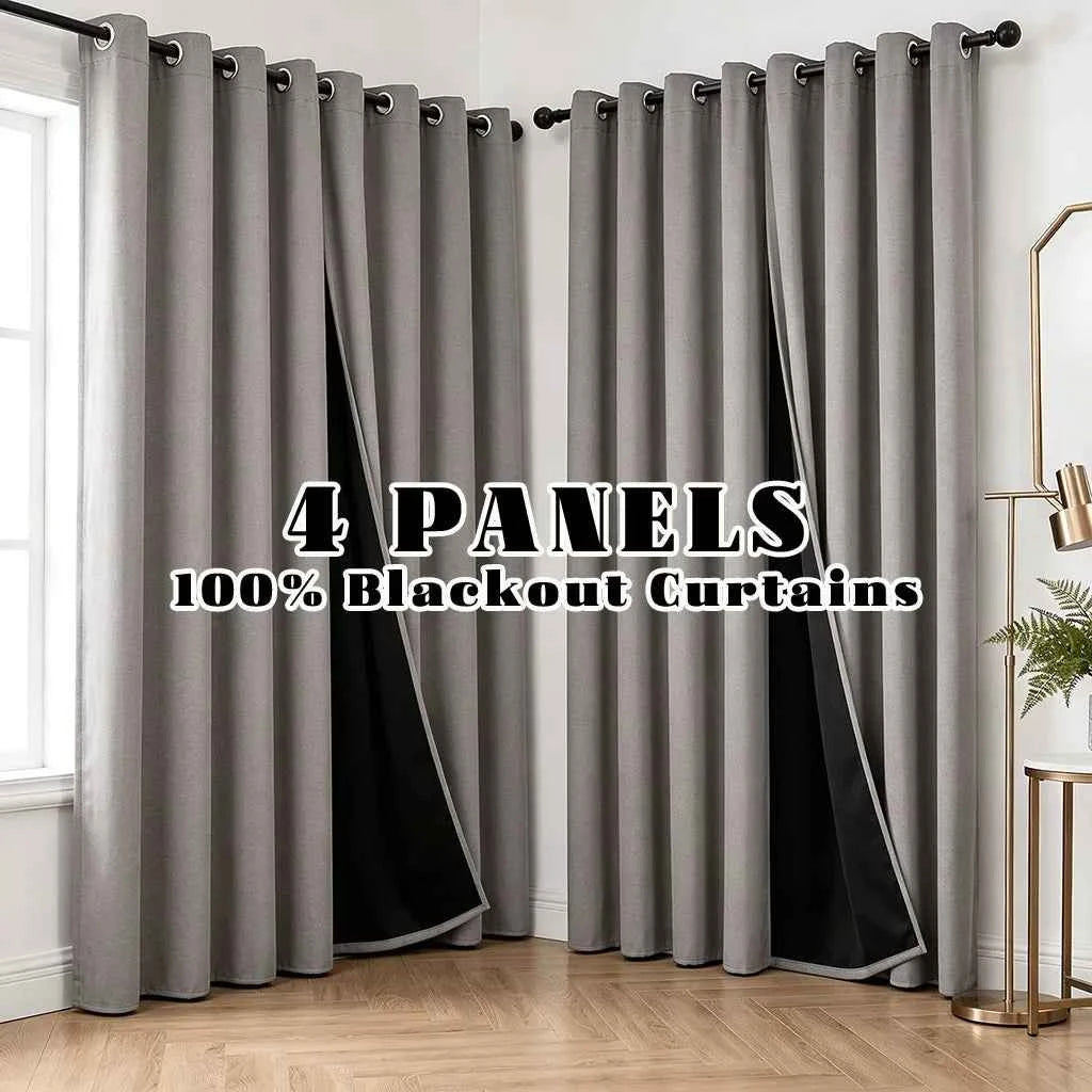 4 Panels 100% Blackout Curtains, Heat Insulation, Noise Reduction. Privacy Protection. Room Darkening Decor. Thermal Grommet, Light Blocking, Washable.