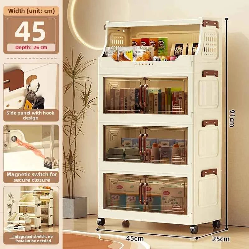 3/4-Tier Storage Cabinet with Wheels, Freestanding Kitchen Pantry Organizer with Flip Top & Transparent Doors, Plastic Rolling Storage.