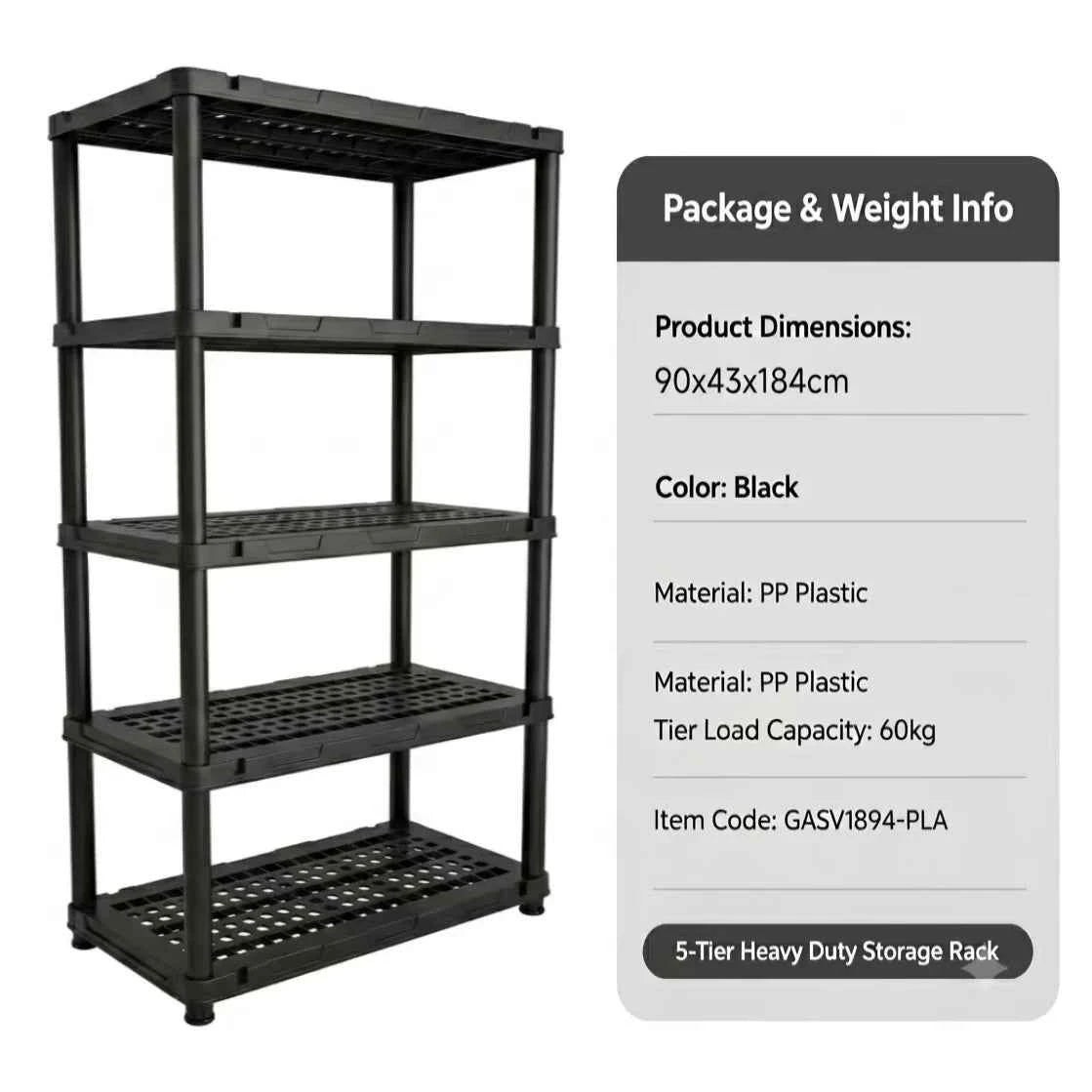 4 & 5 Tier Plastic Storage Shelving Unit, Heavy Duty Black PP Utility Rack, 3 Sizes Available Waterproof Organizer.