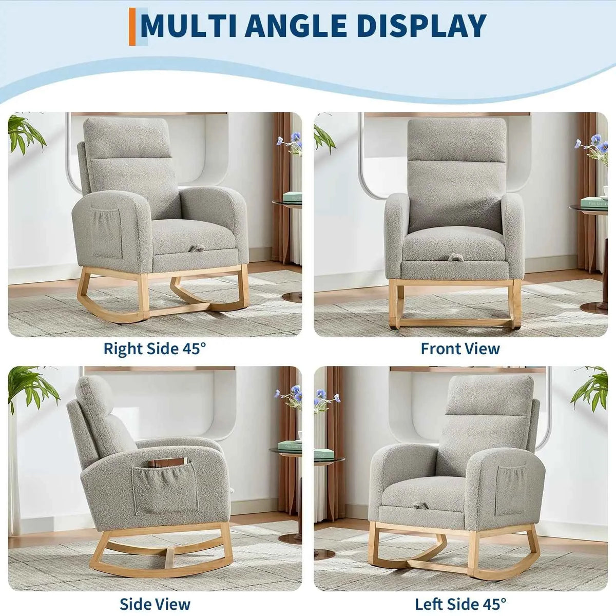Modern Nursery Rocking Chair, Teddy Upholstered Rocking Chair with Footrest, & with Side Pocket, Rocker Glider for Living Room, Bedroom, Nursing Room