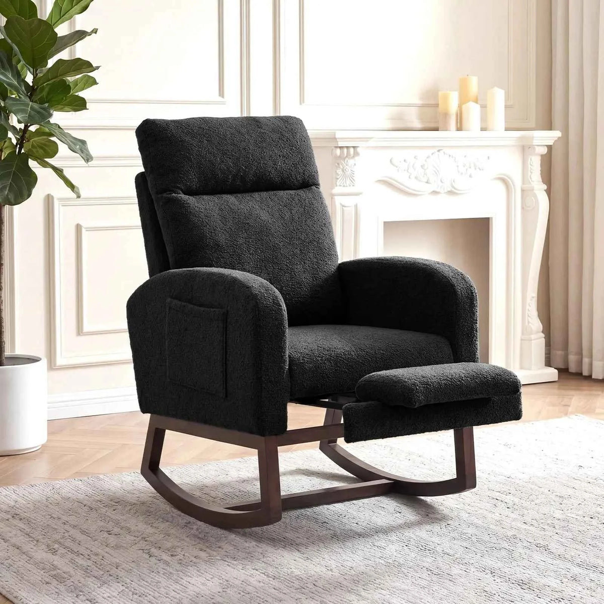 Modern Nursery Rocking Chair, Teddy Upholstered Rocking Chair with Footrest, & with Side Pocket, Rocker Glider for Living Room, Bedroom, Nursing Room