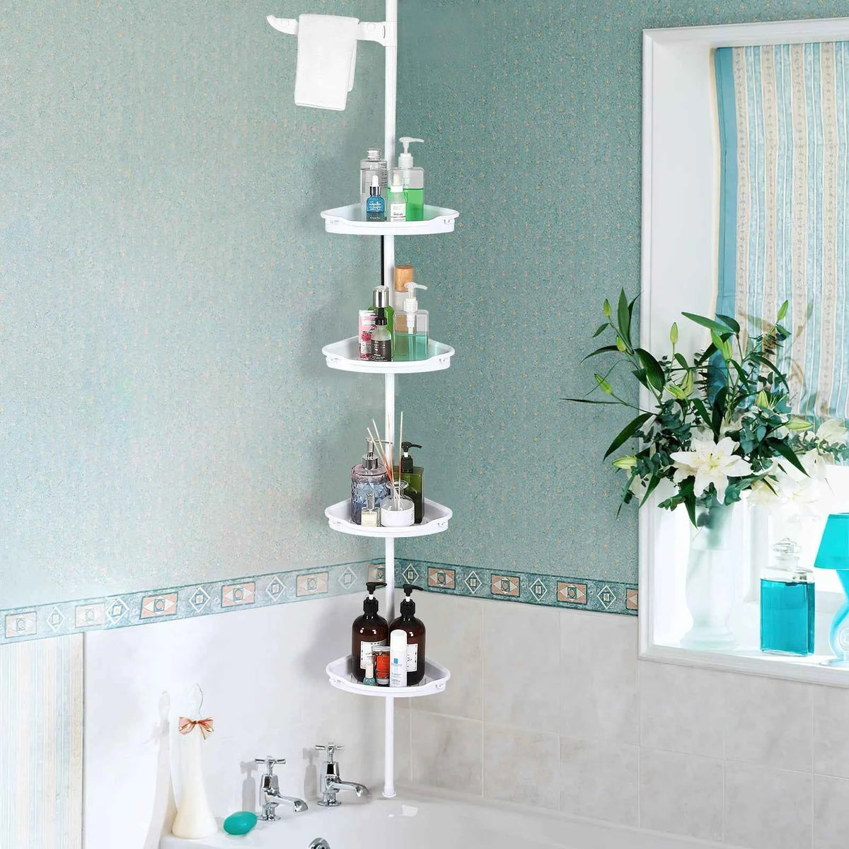 Space-Saving 4-Tier Corner Shower Caddy Tension Pole Organizer – Adjustable Rustproof  Storage with Basket Shelves & Towel Bars – Easy Install, Fits 39-113 Inches, White