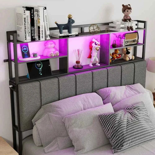 Tall Wood Headboard,  Queen Size with 3-Tier Storage Shelves with Linen Upholstered Head Board. Customized