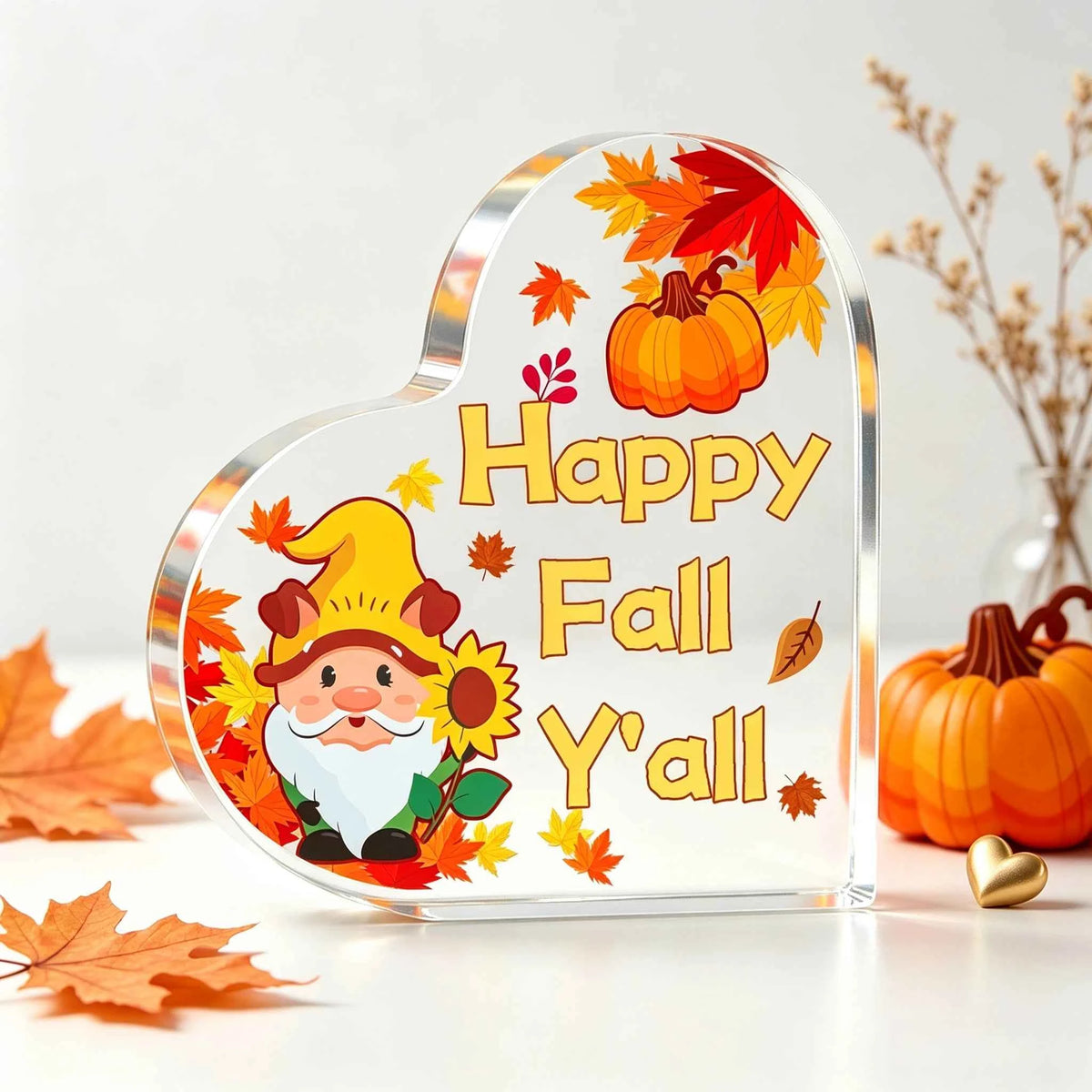 Autumn Gnome Pumpkin Maple Leaf Heart‑Shaped Acrylic Ornament, Fall Harvest Thanksgiving Home Decoration