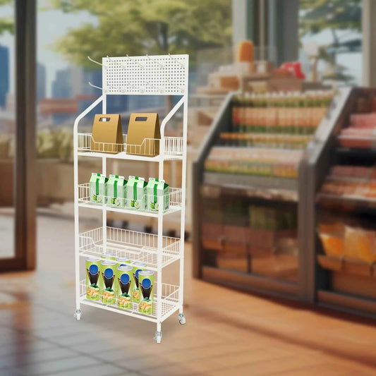 4-Tier Retail Display Rack Stand Snack Rack，Strong Bearing Capacity Iron Stand， Fruits, Toys, Food Display Organizer Stand