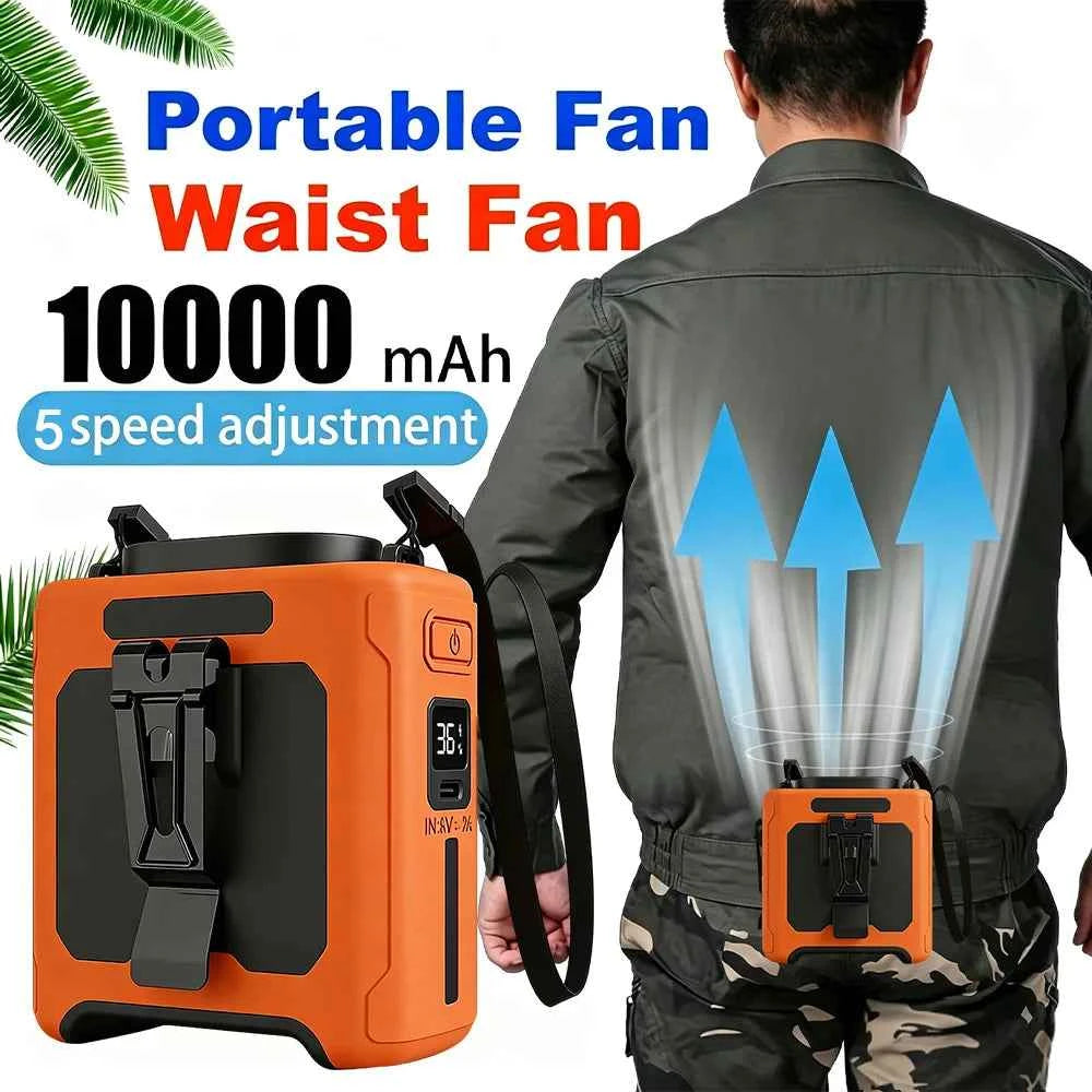 10000mAh Waist Fan, Portable, Handheld, Hanging Neck Fan. Ultra-Strong Wind with Phone Charging LED Light For Outdoor. Camping. Travel