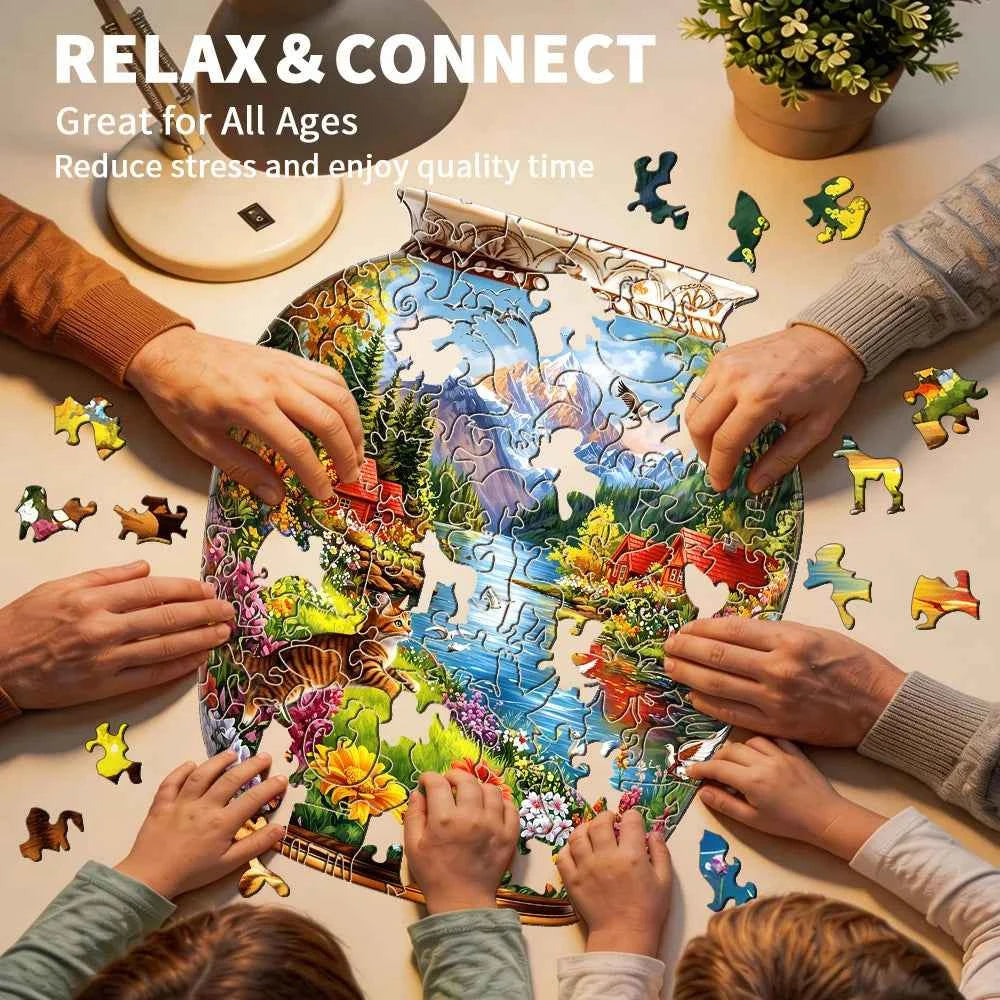 Vase Shaped Mountain Lake, Cat, Floral Wooden Jigsaw Puzzle, Country Cabin Riverside Scenery Irregular Basswood Puzzle,