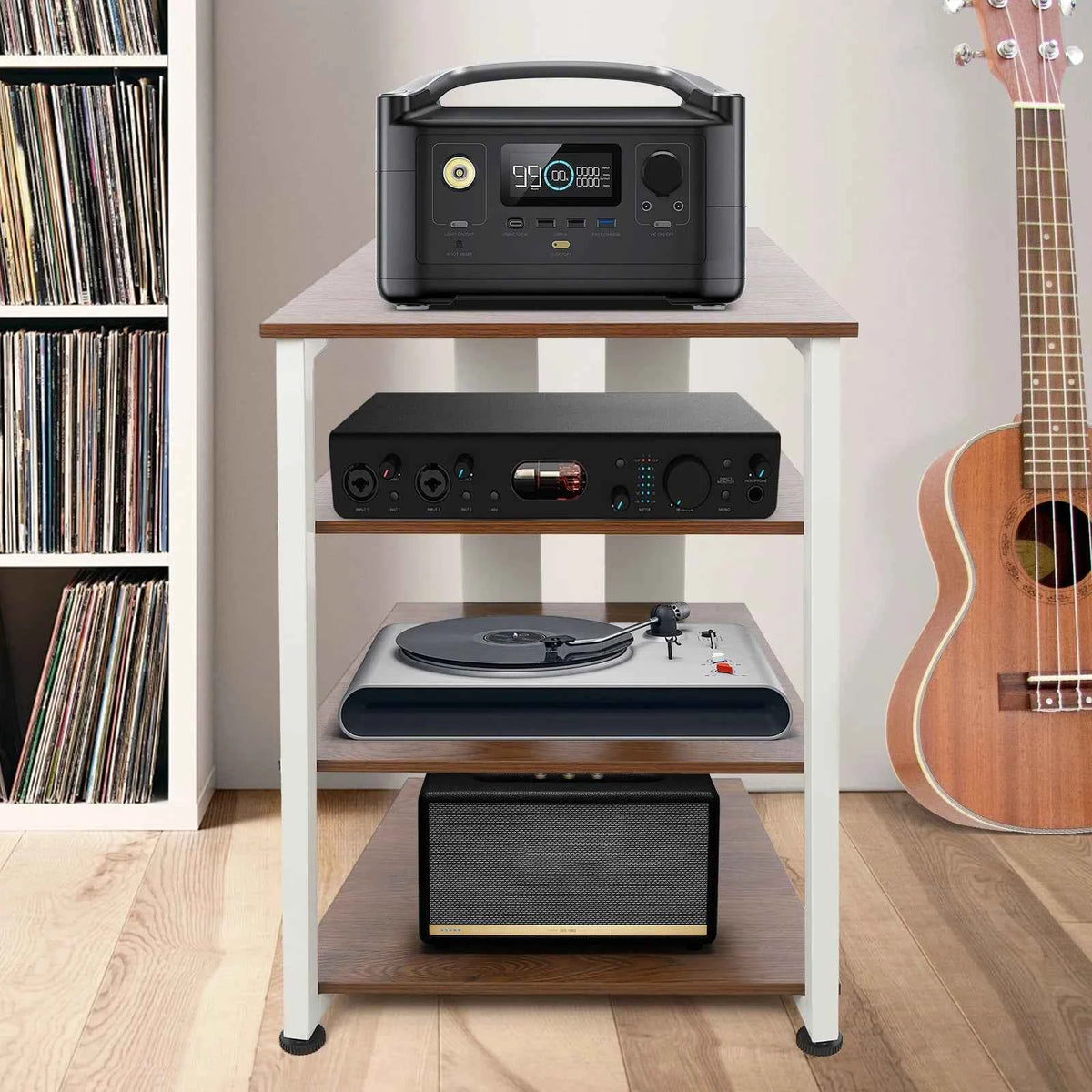 4‑Tier AV Media Stand with Cable Management. Carbon Steel Stereo Rack for Home Theater.