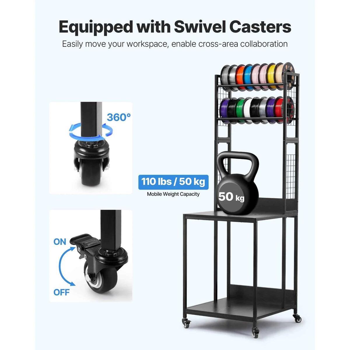 4-Tier 3D Printer Filament Storage Rack with Wheels Printer Stand Spools Holder Cart for 3D Printing Station Office