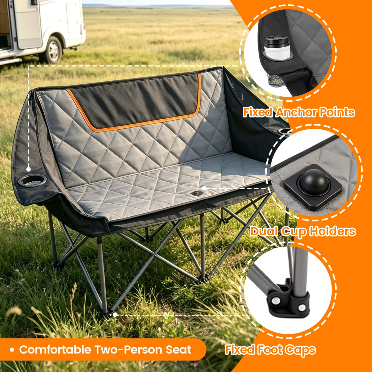 Double Folding Camping Chair, Heavy Duty Oversized 2-Person. 600D Oxford Portable Outdoor Seat with 660LBS Weight Capacity, Cup Holders, Storage Pocket, Ideal for Beach, Fishing, Picnic, Travel
