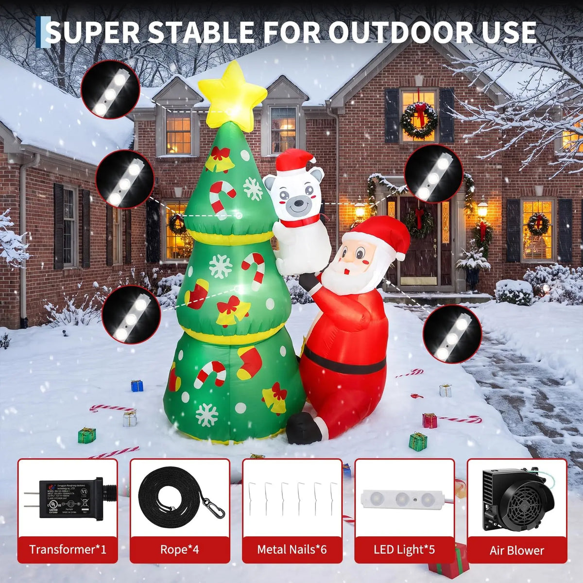 7ft Christmas Inflatable Santa & Polar Bear With Tree, Lighted Blow Up Yard Decor With Leds, Blower and Stakes. For Home Lawn, Garden, or Porch