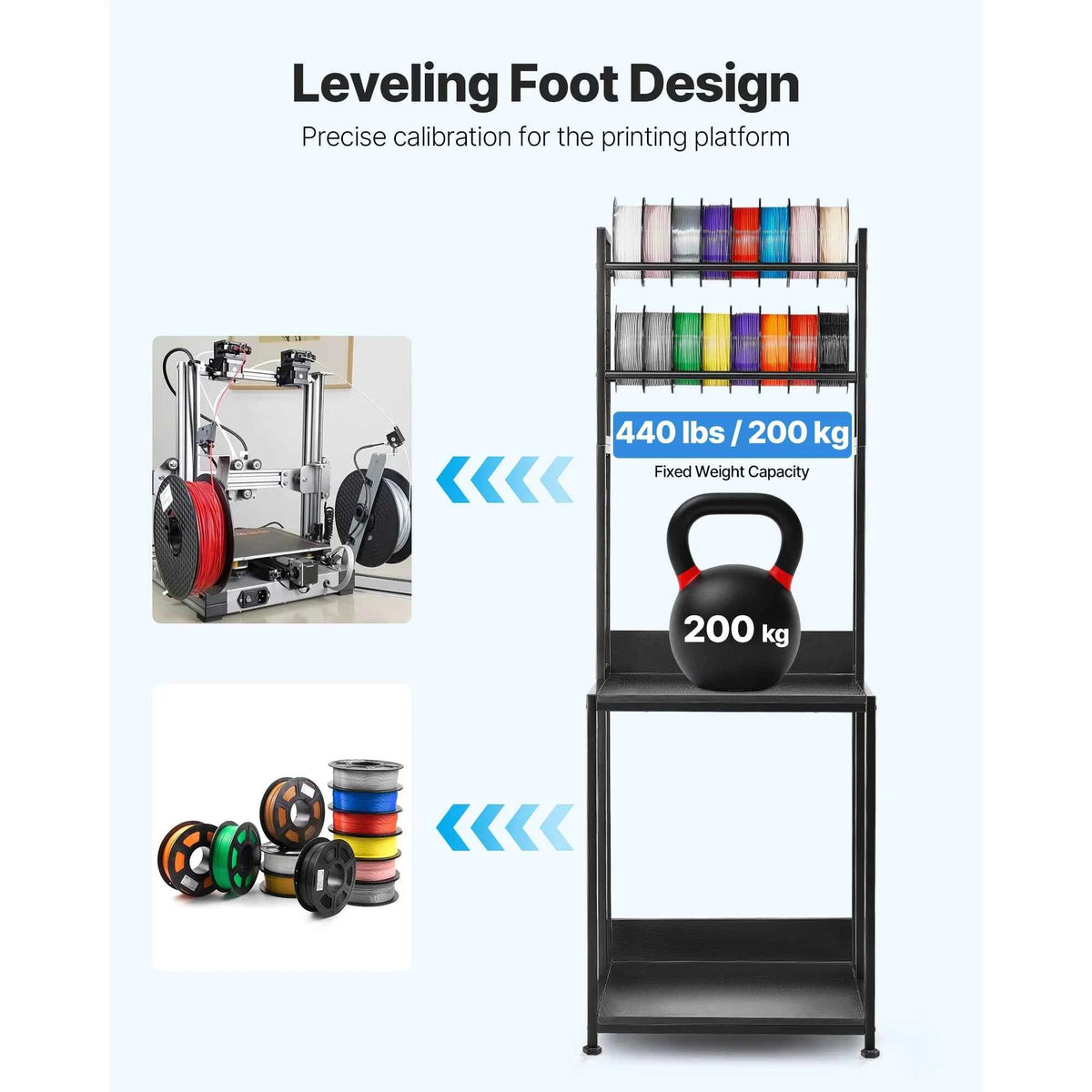 4-Tier 3D Printer Filament Storage Rack with Wheels Printer Stand Spools Holder Cart for 3D Printing Station Office