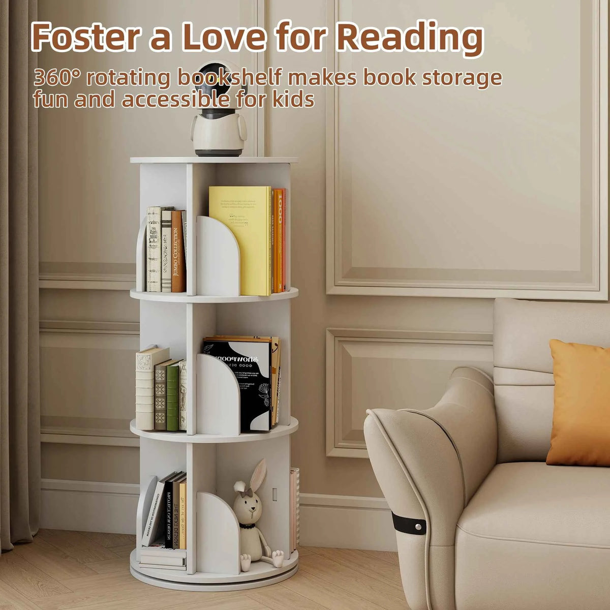 Rotating 3-Tier Bookshelf, 360° Spinning Corner Bookcase with Lazy Susan, White.  Space Saving Organizer. Adults & Kids, 15.75" Diameter